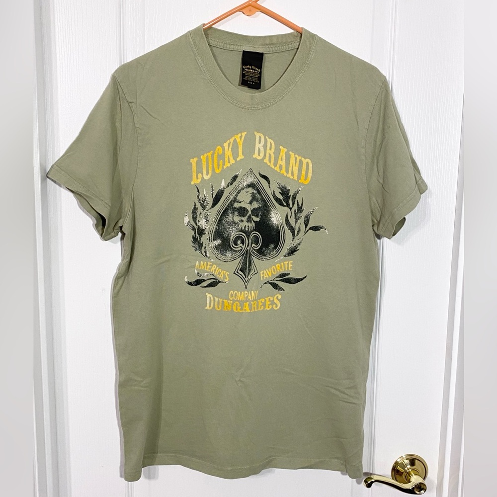 Y2K Lucky Brand Skull Spade Classic Fit Graphic T-Shirt Sage Green Men’s Medium